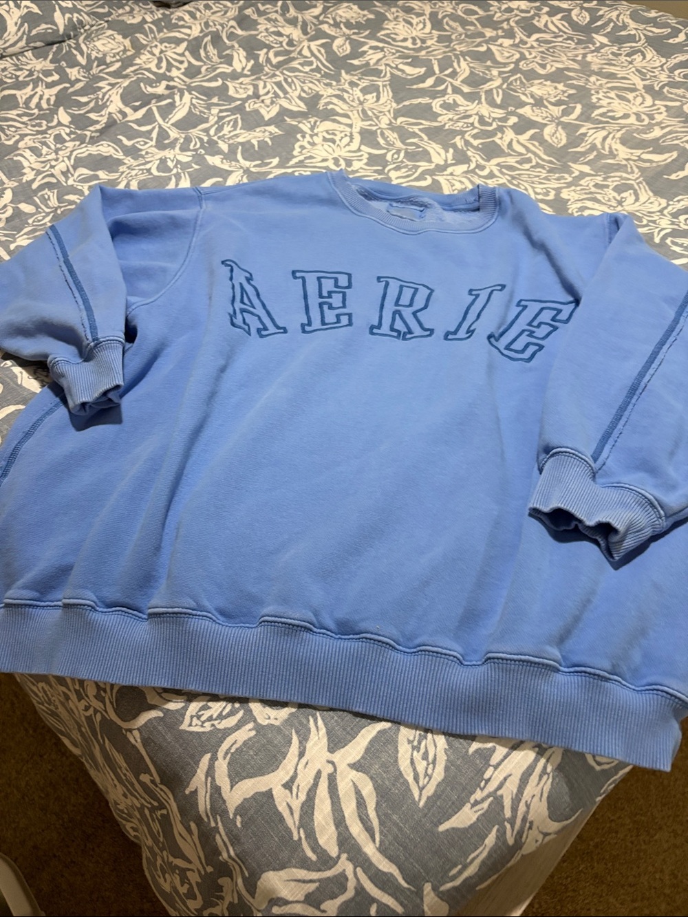 aerie Light Blue Crewneck Sweatshirt with Embroidered Logo